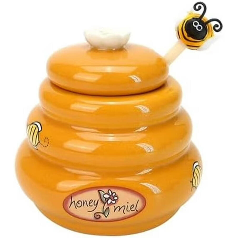 Joie Ceramic Honey Jar with lid & Wooden‎ Dipper 3 Inch High Pot NEW